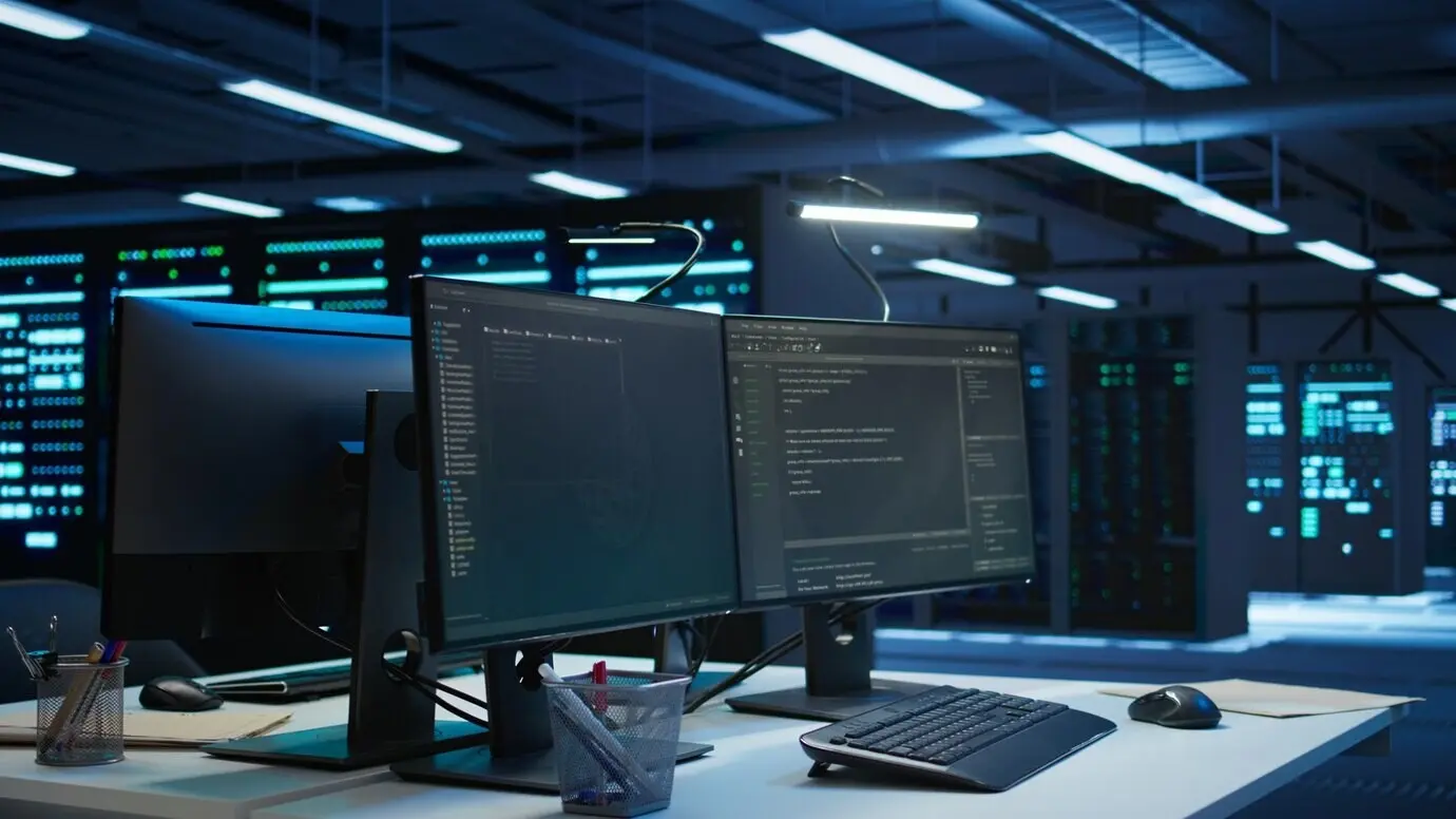 Компьютерная установка с несколькими мониторами в дата-центре, используемая для мониторинга угроз безопасности.